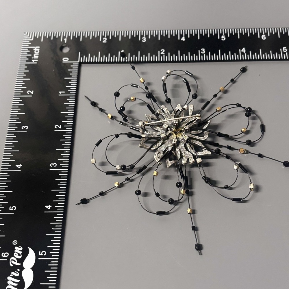Large Statement Flower Starburst Brooch Pin Black Rhinestone Beaded Silver Tone - Picture 4 of 12